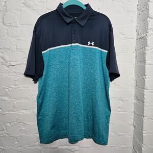 Under Armour Playoff Polo Men LG Navy Teal Colorblock Stretch Golf Shirt Alt op